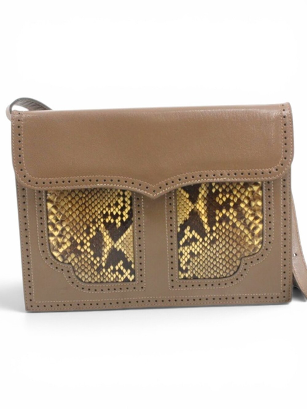 YSL VINTAGE Taupe Leather Crossbody with Gold Snake-Print Accent